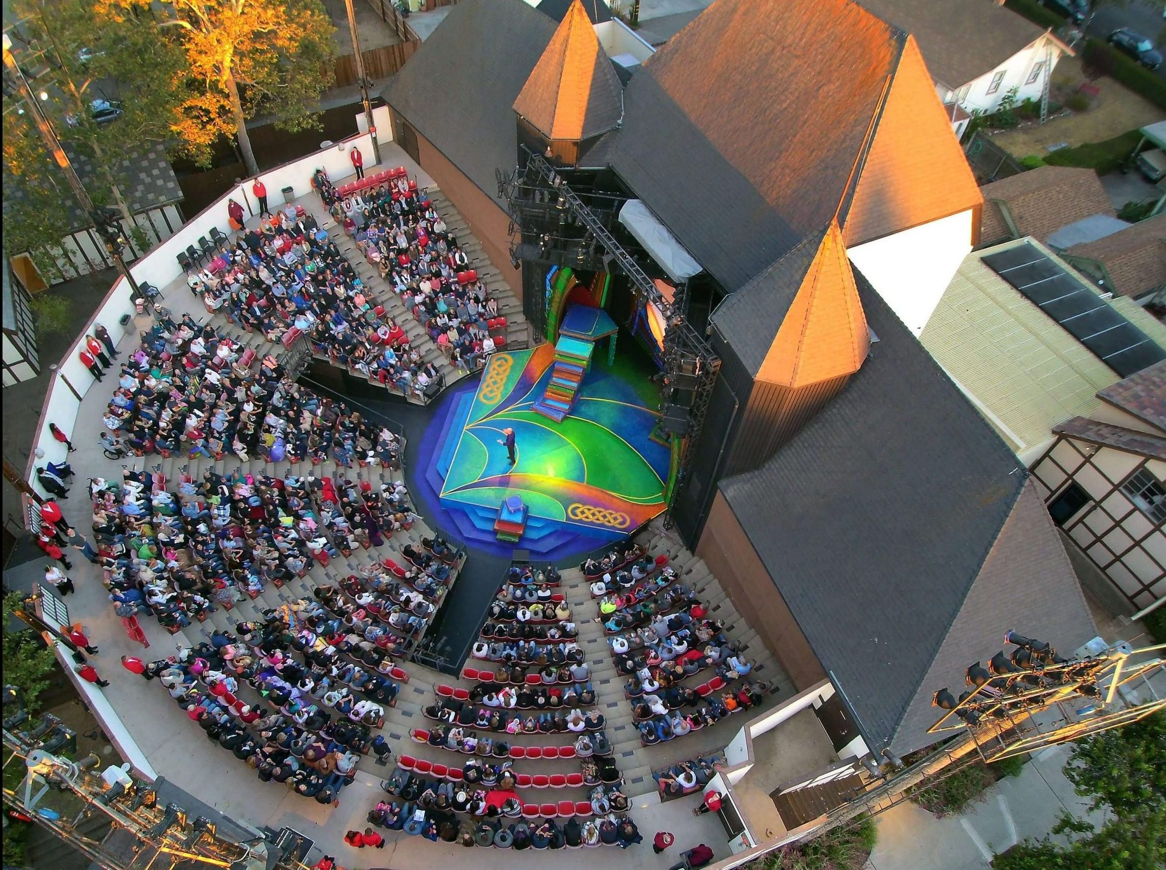 Ariel photo of the stage and seating at Solvang Festival outdoor theater